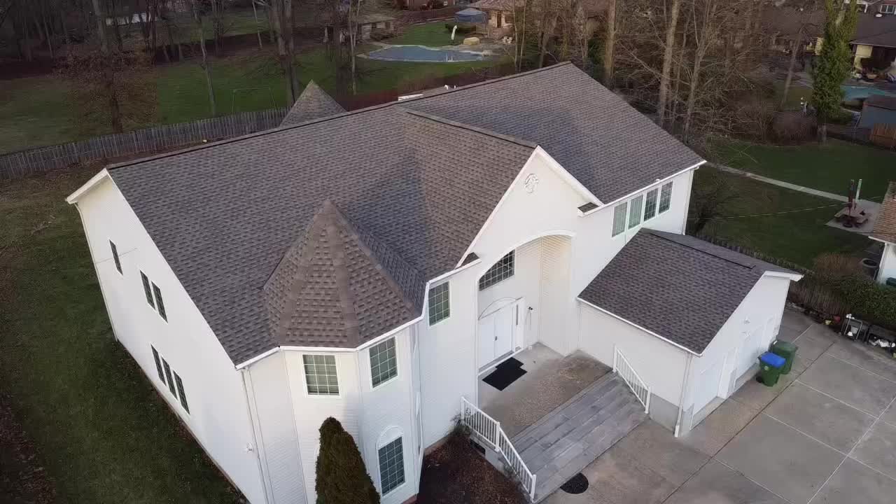 Finished shingle roof, aerial view