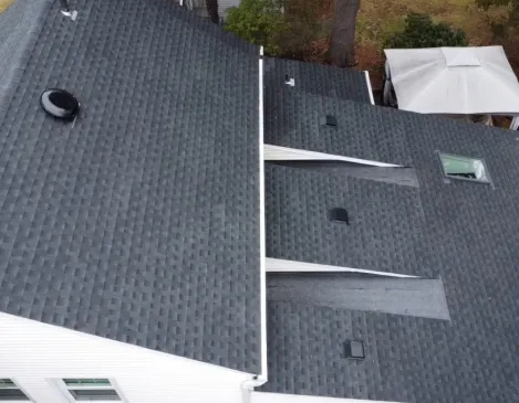 Aerial close-up of finished architectural shingle roofing