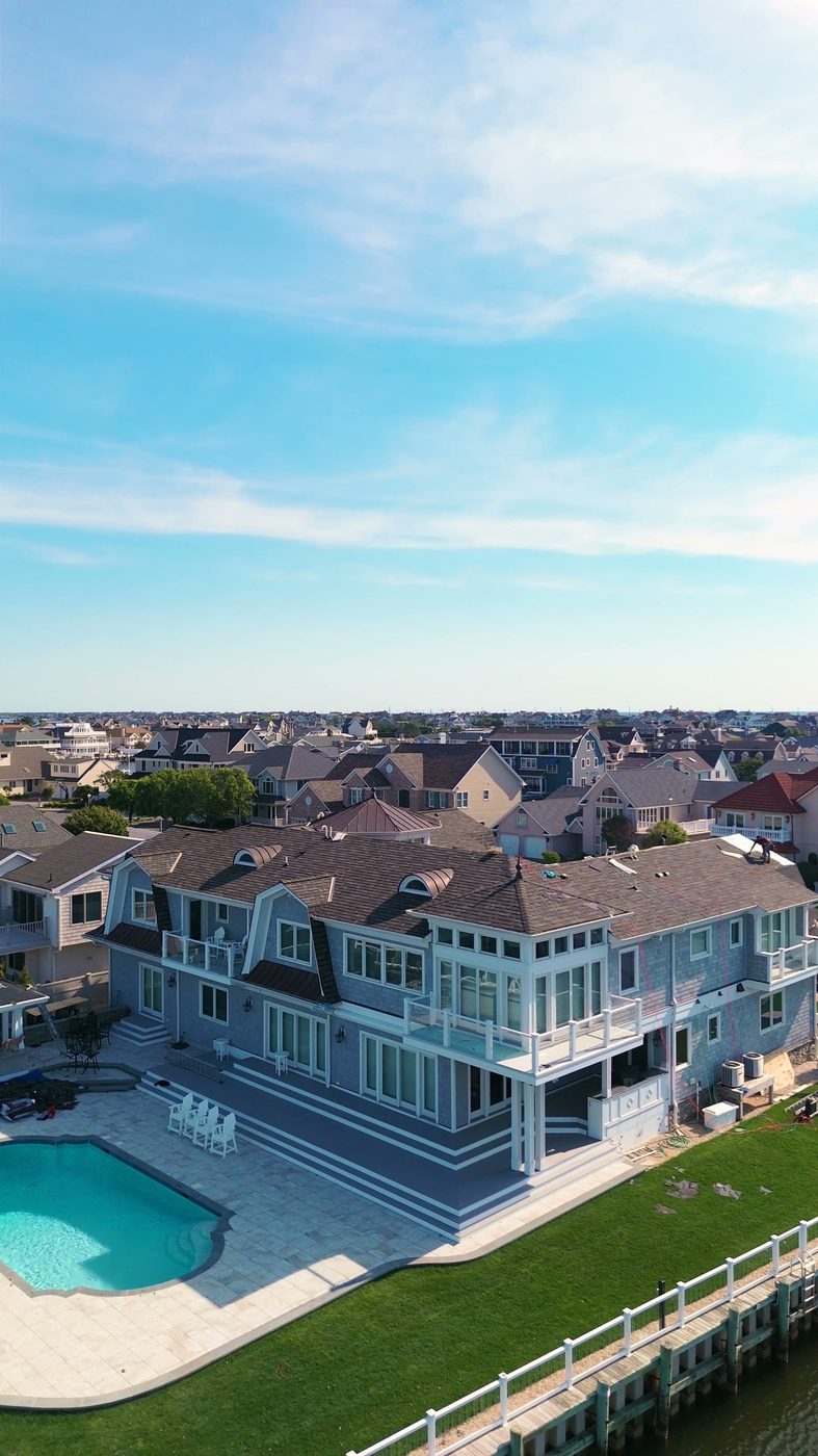 Finished roofs on a row of houses photographed from the air