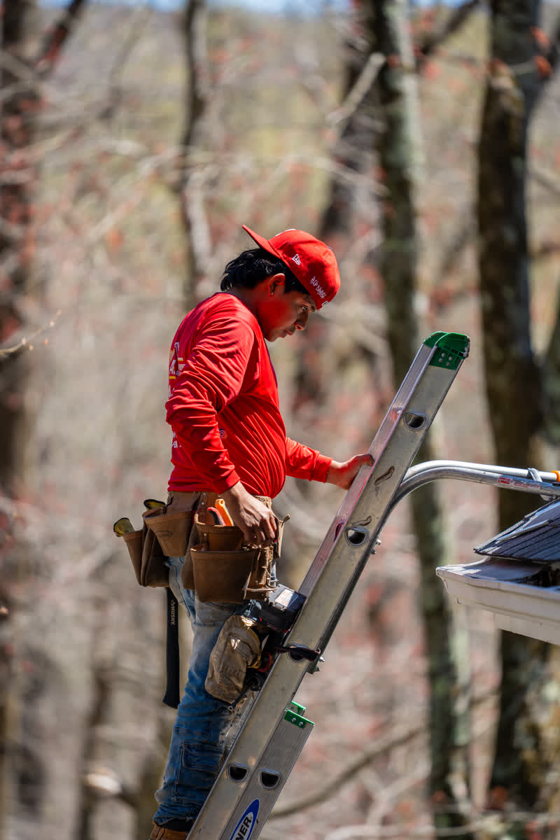 Crew member working from a ladder at the gutter line
