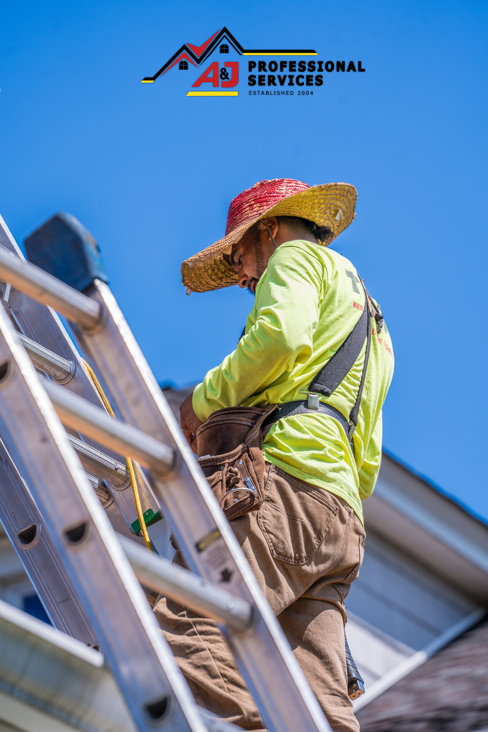 A&J crew member climbing a ladder to the roofline on an active job
